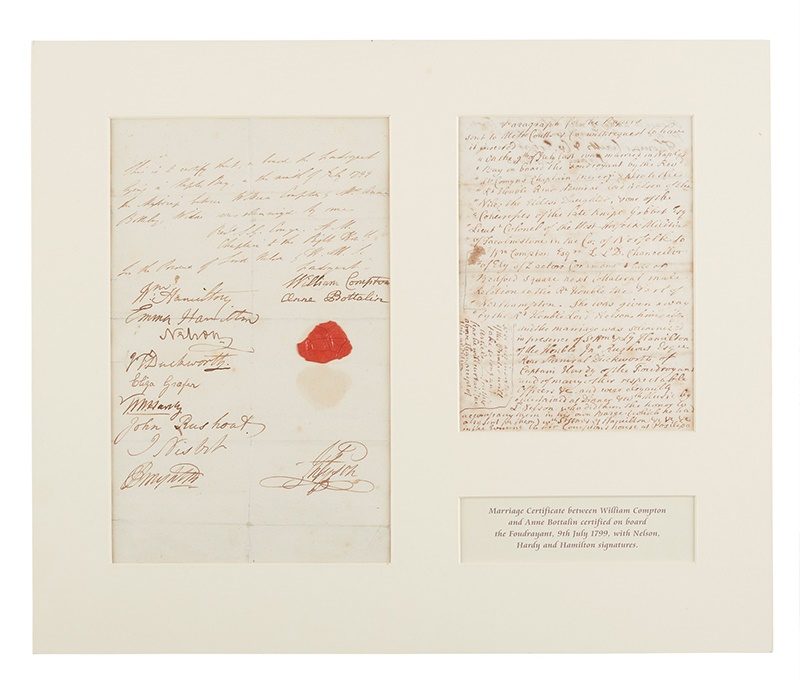 LOT 130 | NELSON, HORATIO, VISCOUNT NELSON (1758-1805) DOCUMENT SIGNED BY LORD NELSON, LADY EMMA HAMILTON, CAPTAIN THOMAS HARDY, AND OTHERS | £10,000 - £15,000 + fees